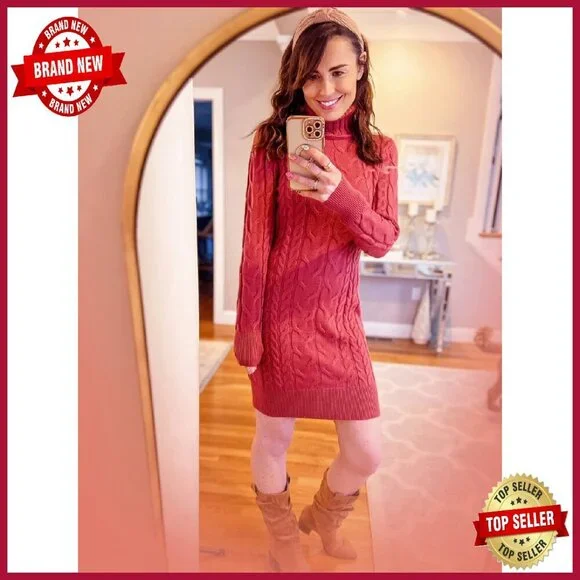 Cable Knit Turtleneck Sweater Dress Long Sleeve Bodycon Mini - Picture 7 of 8